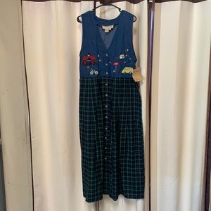 90s Kindergarten Teacher Dress Plaid Embroider Denim Vtg Costume Halloween